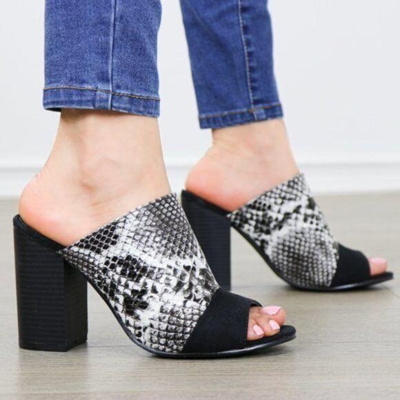 Snake Print Open Toe Slip on Chunky High Heel - Picture 3 of 8